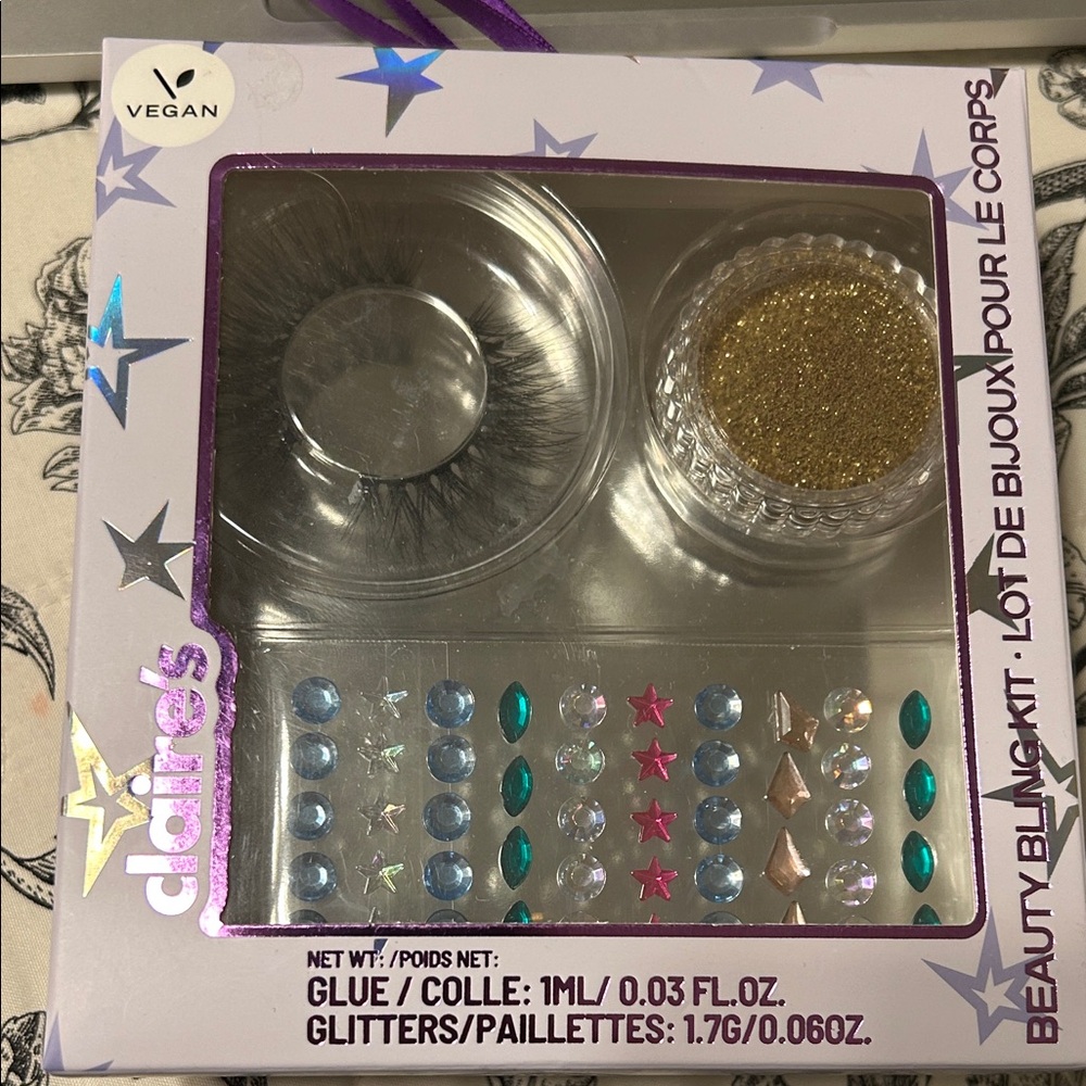 Claire's Glam Set with Gold Glitter and Colorful Gems & lashes NEW